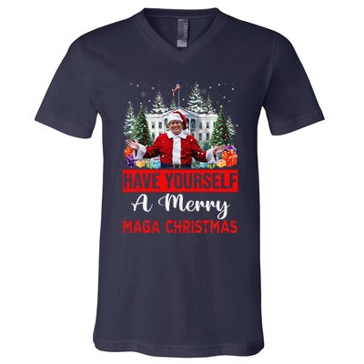 Funny Santa Trump Have Yourself A Merry Maga Christmas Xmas V-Neck T-Shirt