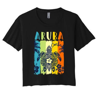 Family Sea Turtle Retro Aruba Caribe Vacation Women's Crop Top Tee