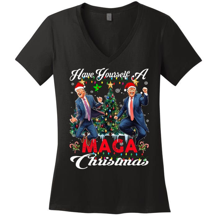 Funny Santa Trump Have Yourself A Merry Maga Christmas Xmas Women's V-Neck T-Shirt