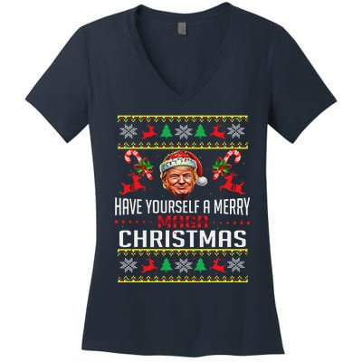 Funny Santa Trump Have Yourself A Merry Maga Christmas Xmas Women's V-Neck T-Shirt