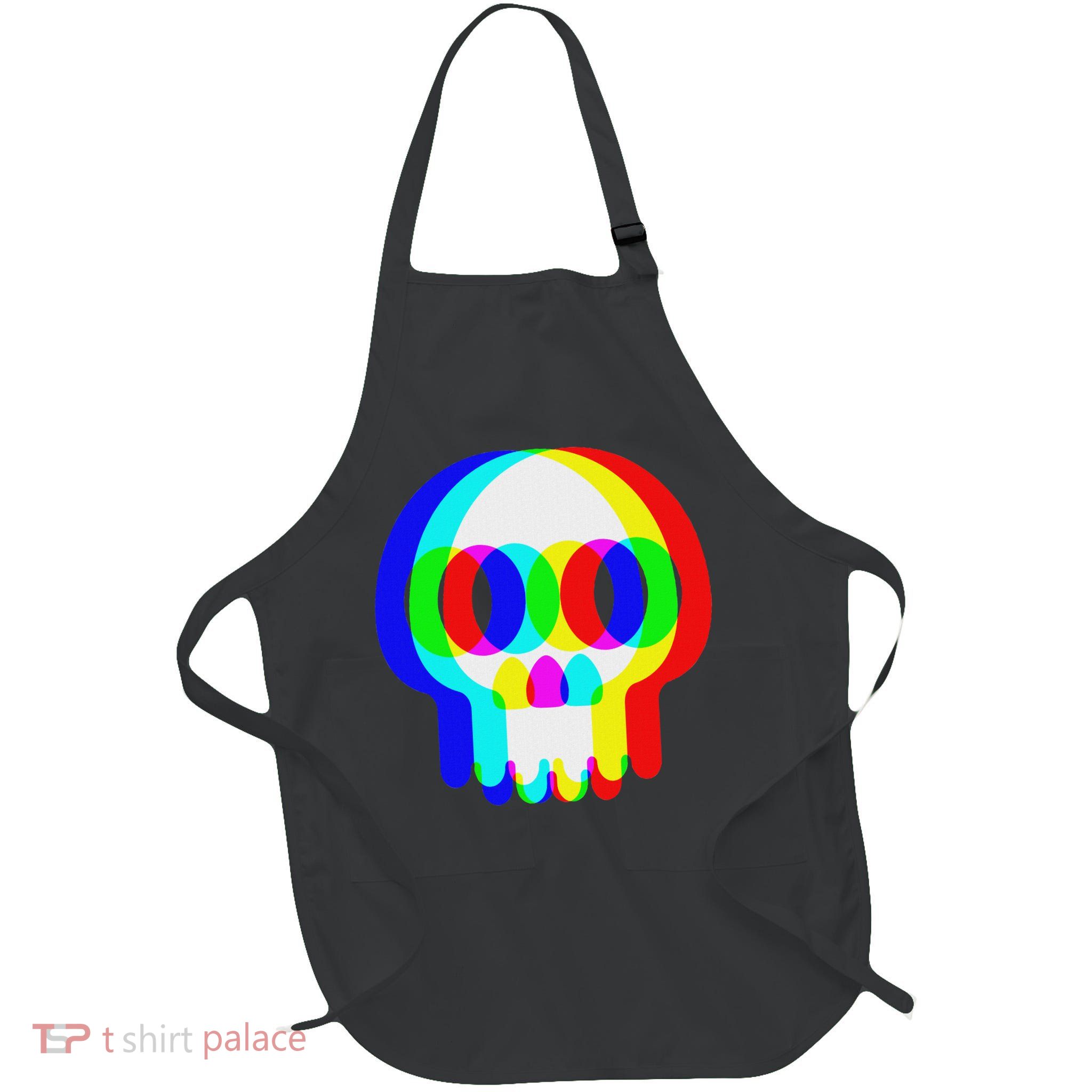 Funny Skull Trippy Vaporwave Halloween Techno Rave Edm Party Full-Length Apron With Pockets
