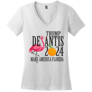 Flamingo Support Trump DeSantis 2024 Make America Florida Women's V-Neck T-Shirt