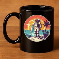 Funny Summer Time Surfing Astronaut 11oz C Handle Ceramic Mug