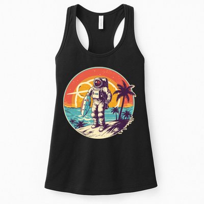 Funny Summer Time Surfing Astronaut Womens Tank Top