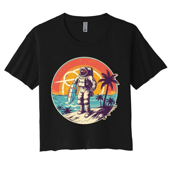 Funny Summer Time Surfing Astronaut Women's Crop Top Tee