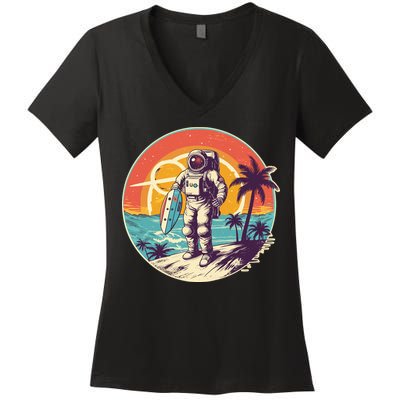 Funny Summer Time Surfing Astronaut Women's V-Neck T-Shirt