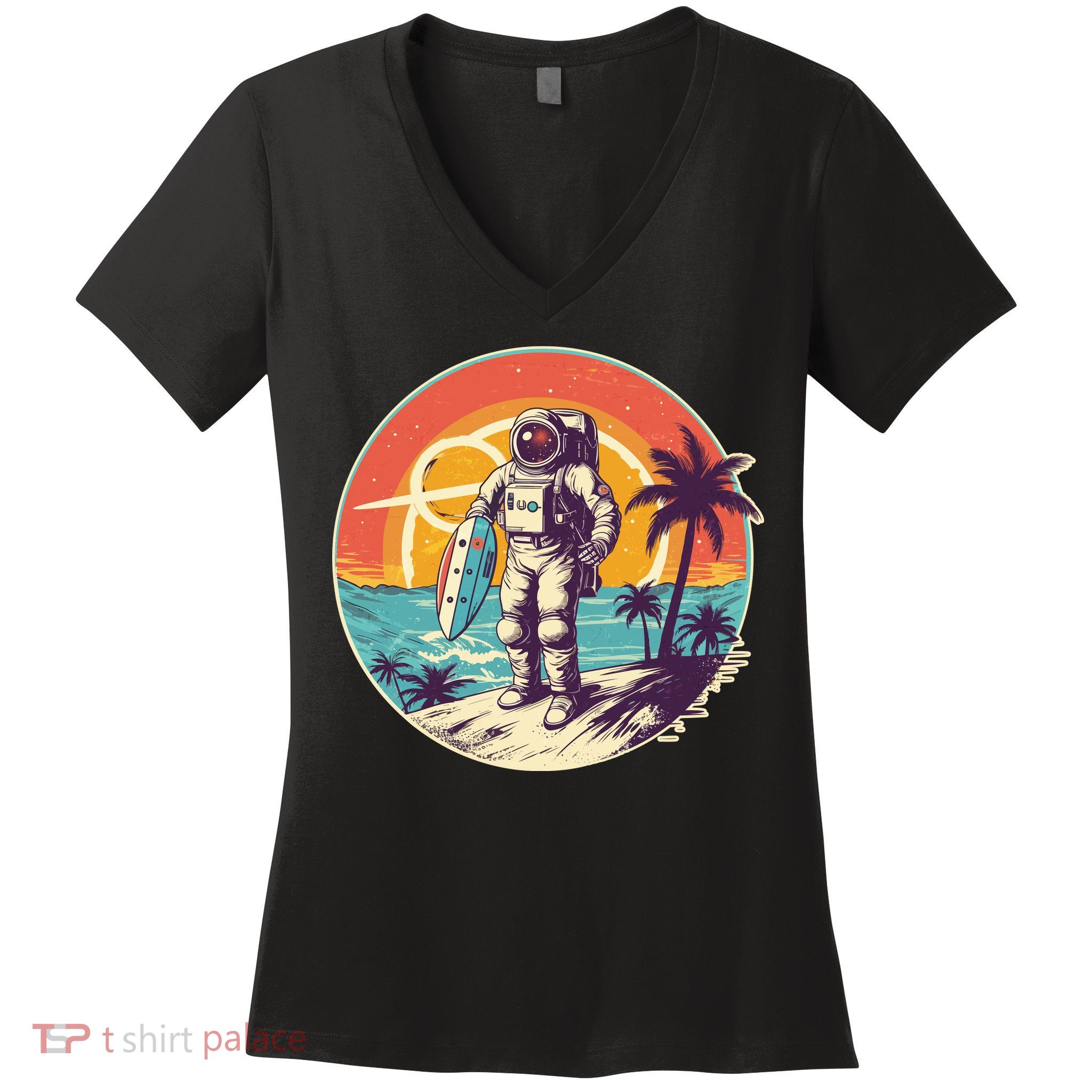 Funny Summer Time Surfing Astronaut Women's V-Neck T-Shirt