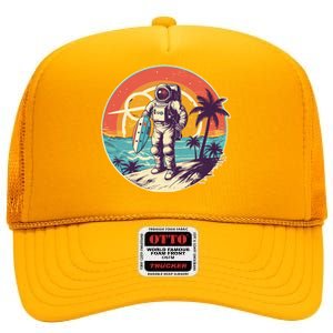 Funny Summer Time Surfing Astronaut High Crown Mesh Back Trucker Hat