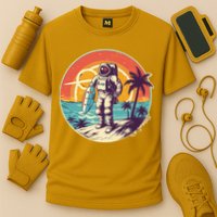 Funny Summer Time Surfing Astronaut Cooling Performance Crew T-Shirt