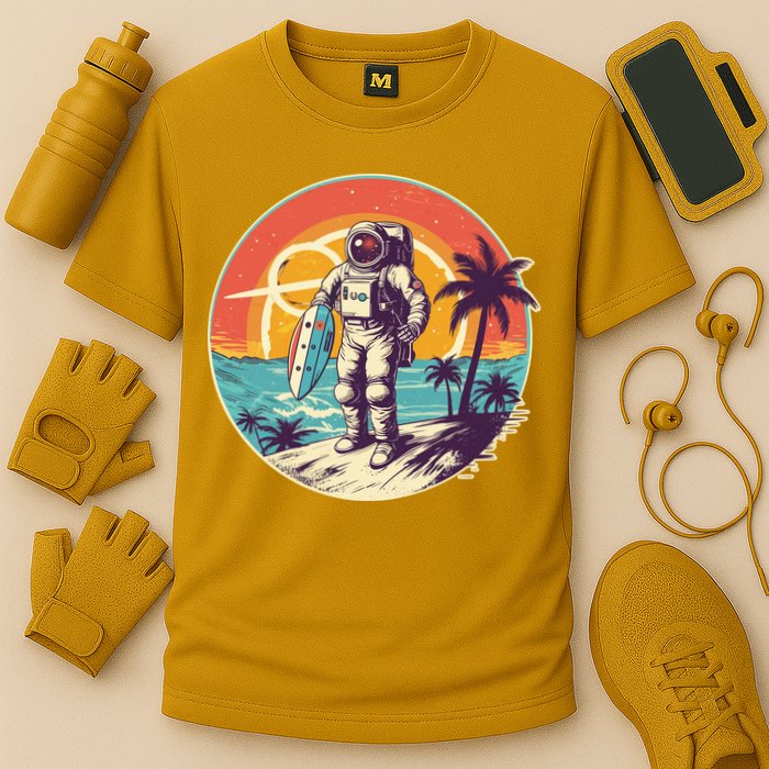 Funny Summer Time Surfing Astronaut Cooling Performance Crew T-Shirt