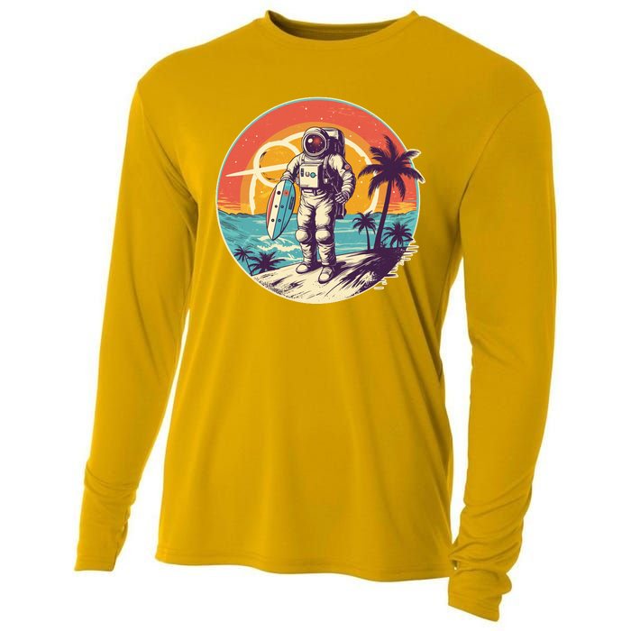 Funny Summer Time Surfing Astronaut Cooling Performance Long Sleeve Crew