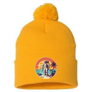 Funny Summer Time Surfing Astronaut Pom Pom 12in Knit Beanie