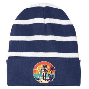 Funny Summer Time Surfing Astronaut Striped Beanie with Solid Band