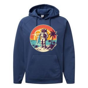 Funny Summer Time Surfing Astronaut Performance Fleece Hoodie