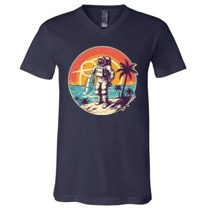 Funny Summer Time Surfing Astronaut V-Neck T-Shirt