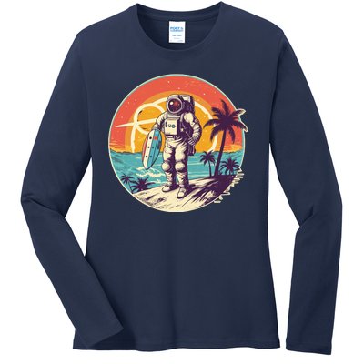 Funny Summer Time Surfing Astronaut Ladies Long Sleeve Shirt