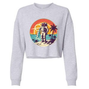 Funny Summer Time Surfing Astronaut Cropped Pullover Crew