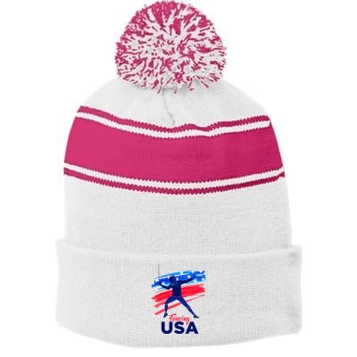 Fencing Support The Team Fencing Player Usa Flag Stripe Pom Pom Beanie
