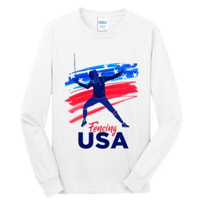 Fencing Support The Team Fencing Player Usa Flag Tall Long Sleeve T-Shirt