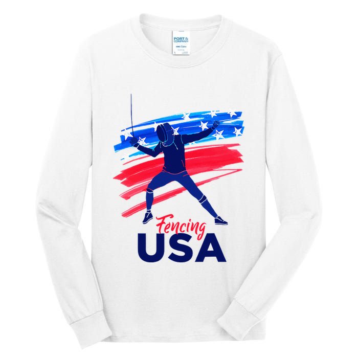 Fencing Support The Team Fencing Player Usa Flag Tall Long Sleeve T-Shirt