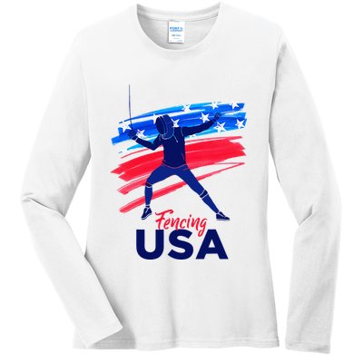 Fencing Support The Team Fencing Player Usa Flag Ladies Long Sleeve Shirt