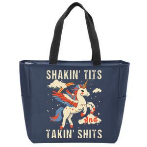 Funny Shakin Tits And Takin Shits Retro Unicorn Sarcasm Zip Tote Bag