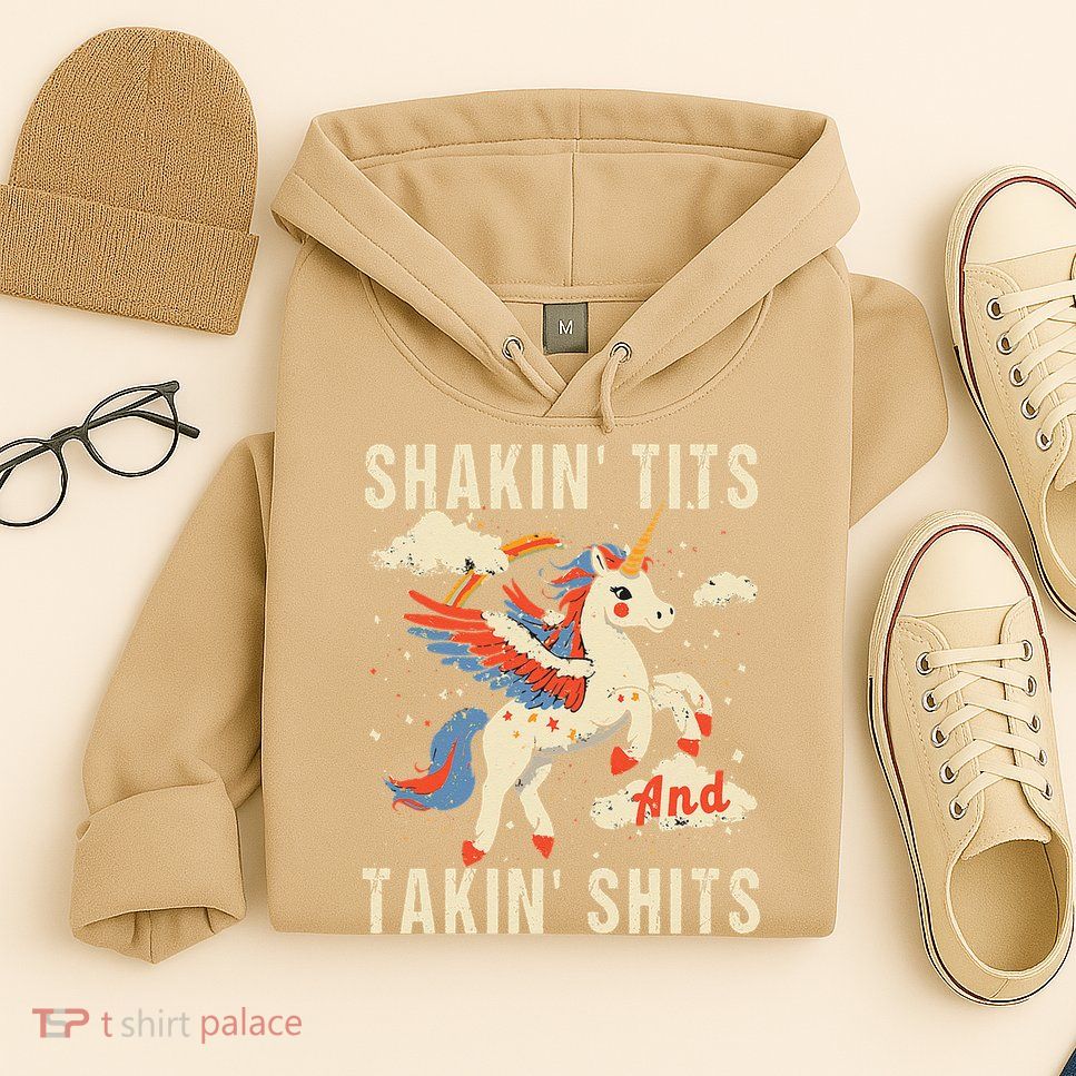 Funny Shakin Tits And Takin Shits Retro Unicorn Sarcasm Hoodie