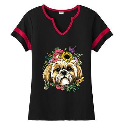 Floral Shih Tzu Dog Spring Nature Shih Tzu Lovers Ladies Halftime Notch Neck Tee