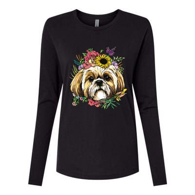 Floral Shih Tzu Dog Spring Nature Shih Tzu Lovers Womens Cotton Relaxed Long Sleeve T-Shirt