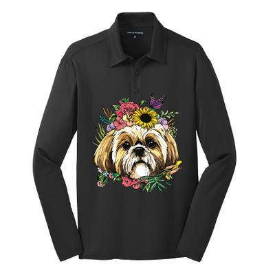 Floral Shih Tzu Dog Spring Nature Shih Tzu Lovers Silk Touch Performance Long Sleeve Polo