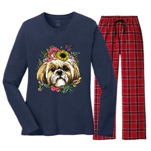 Floral Shih Tzu Dog Spring Nature Shih Tzu Lovers Women's Long Sleeve Flannel Pajama Set 