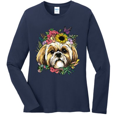 Floral Shih Tzu Dog Spring Nature Shih Tzu Lovers Ladies Long Sleeve Shirt