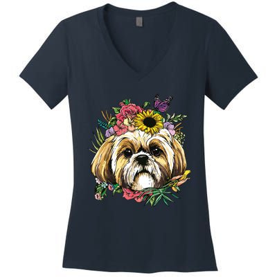 Floral Shih Tzu Dog Spring Nature Shih Tzu Lovers Women's V-Neck T-Shirt