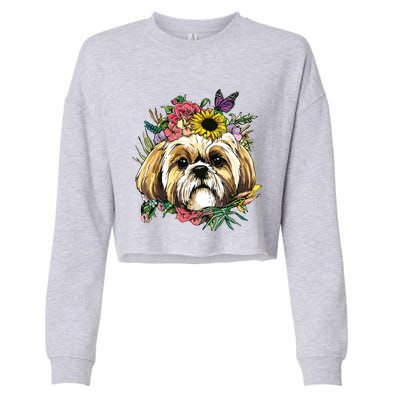 Floral Shih Tzu Dog Spring Nature Shih Tzu Lovers Cropped Pullover Crew