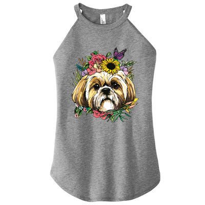 Floral Shih Tzu Dog Spring Nature Shih Tzu Lovers Women’s Perfect Tri Rocker Tank