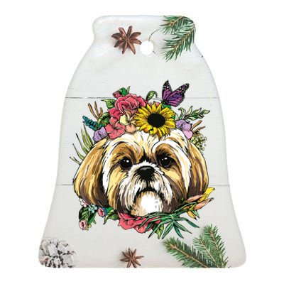 Floral Shih Tzu Dog Spring Nature Shih Tzu Lovers Ceramic Bell Ornament