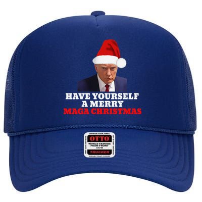 Funny Santa Trump Have Yourself A Merry Maga Christmas Xmas High Crown Mesh Back Trucker Hat