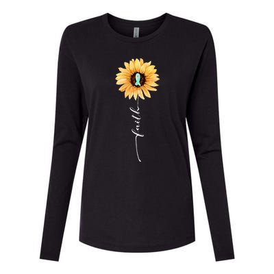 Faith Sunflower Teal Ribbon Cervical Cancer Awareness Womens Cotton Relaxed Long Sleeve T-Shirt