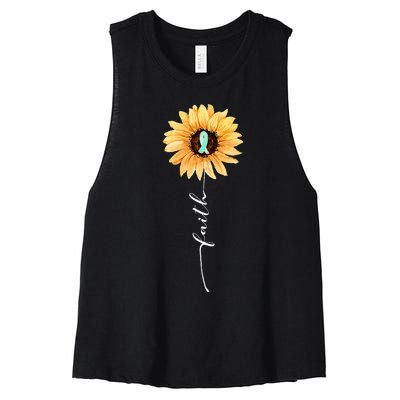 Faith Sunflower Teal Ribbon Cervical Cancer Awareness Women's Racerback Cropped Tank