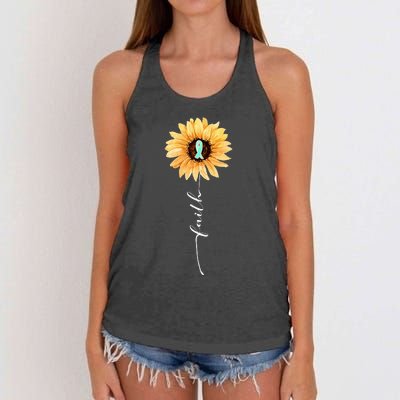 Faith Sunflower Teal Ribbon Cervical Cancer Awareness Women's Knotted Racerback Tank