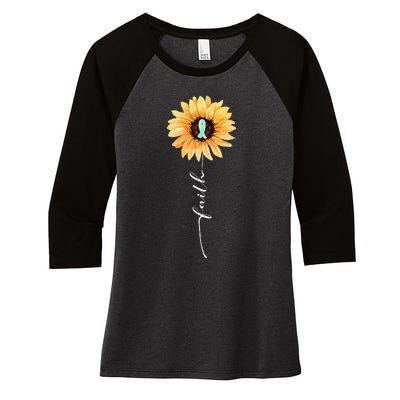 Faith Sunflower Teal Ribbon Cervical Cancer Awareness Women's Tri-Blend 3/4-Sleeve Raglan Shirt