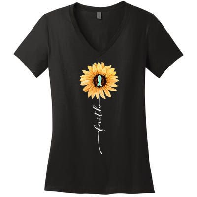 Faith Sunflower Teal Ribbon Cervical Cancer Awareness Women's V-Neck T-Shirt