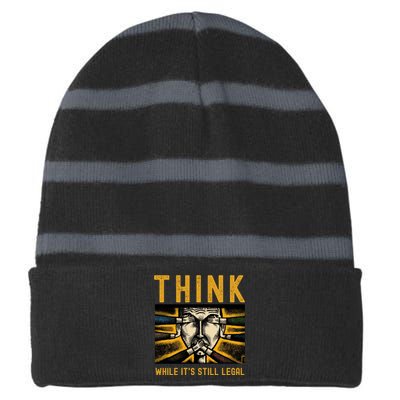 Free Speech Think While It's Still Legal Anti Woke Great Reset Striped Beanie with Solid Band