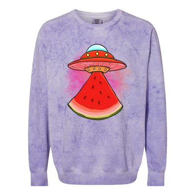 Funny Summer Ufo Watermelon Slice Gift Colorblast Crewneck Sweatshirt