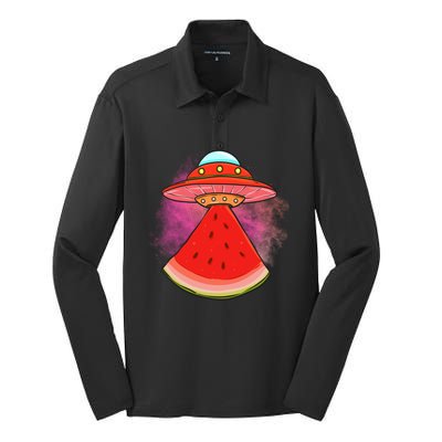 Funny Summer Ufo Watermelon Slice Gift Silk Touch Performance Long Sleeve Polo