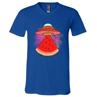 Funny Summer Ufo Watermelon Slice Gift V-Neck T-Shirt