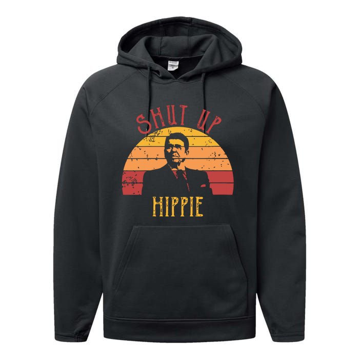 Funny Shut Up Hippie Ronald Regan Conservative Anti Liberal Vneck Performance Fleece Hoodie