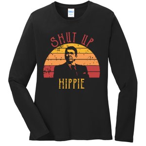 Funny Shut Up Hippie Ronald Regan Conservative Anti Liberal Vneck Ladies Long Sleeve Shirt