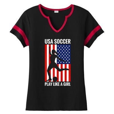 Funny Soccer Usa Soccer Play Like A Girl Ladies Halftime Notch Neck Tee