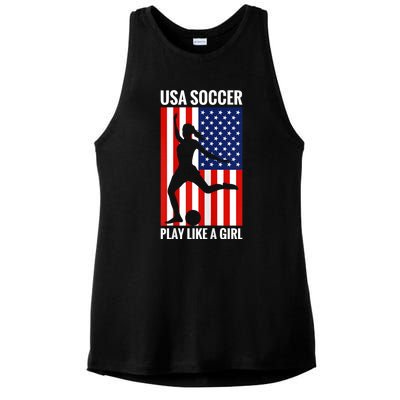 Funny Soccer Usa Soccer Play Like A Girl Ladies PosiCharge Tri-Blend Wicking Tank